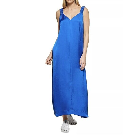 NWT DKNY Silky Satin Maxi Dress SMALL blue Sleeveless V-Neck soft - Picture 1 of 14